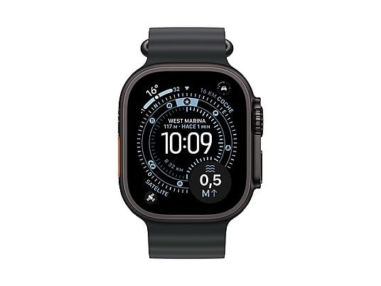 Apple Watch Ultra 3 (2025), GPS+CEL, 49 mm, Caja de Titanio Negro, Correa Ocean Band Negro, Calidad del sueño, Via satélite, 42h Autonomía